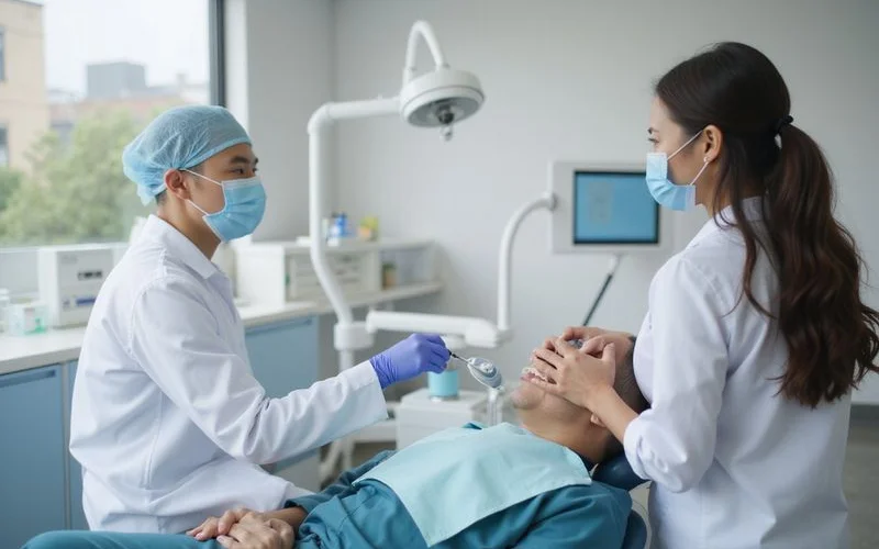 A patient reviewing a dental checklist on a clipboard in a bright, clean Puchong dental clinic waiting room before an appointment