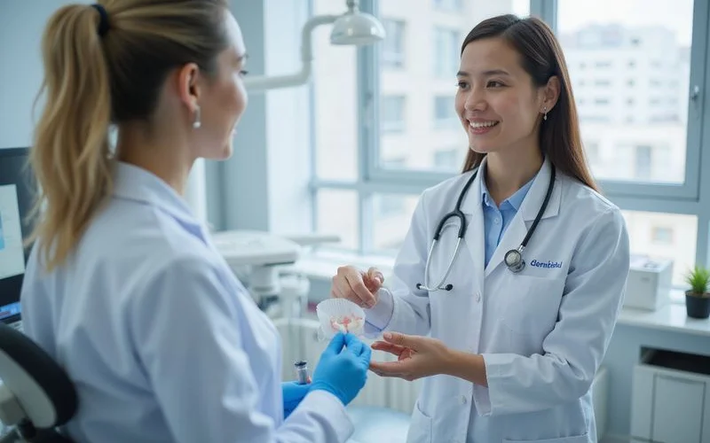 A dentist in Puchong Selangor explaining a dental X-ray to a patient in a clean well-lit treatment room with modern dental equipment
