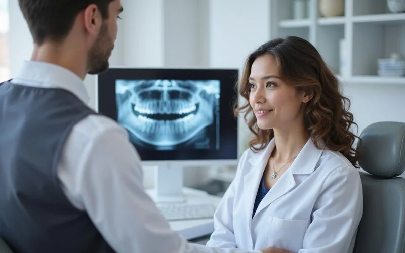 A dentist in Puchong Selangor explaining a dental X-ray to a patient in a well-lit treatment room with modern equipment