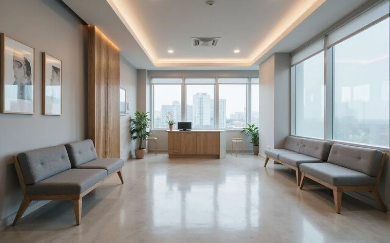 A bright modern dental clinic waiting room in Puchong Selangor with comfortable seating friendly reception staff and clean tiled floors
