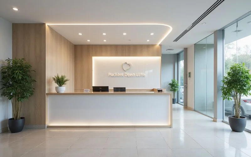 A bright modern dental clinic reception in Puchong Selangor with a friendly staff member greeting a patient at the front desk